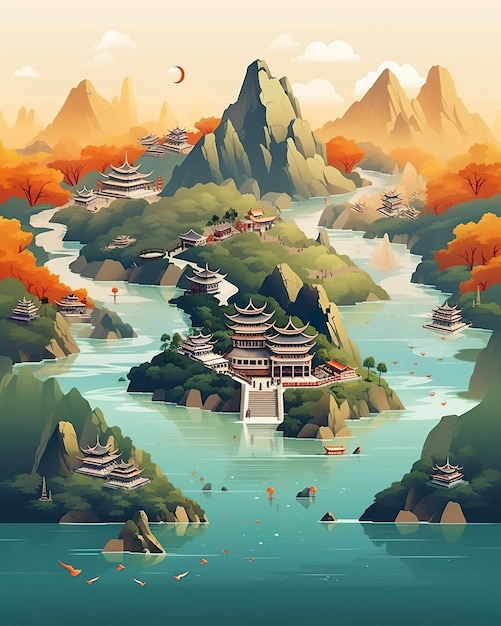 Carte de paysage chinois montagnes lointaines illustration plate AI générative
