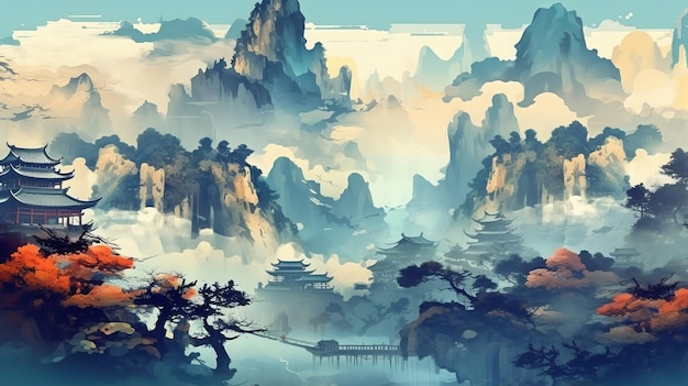 Carte de paysage chinois avec des montagnes lointaines et une rivière claire