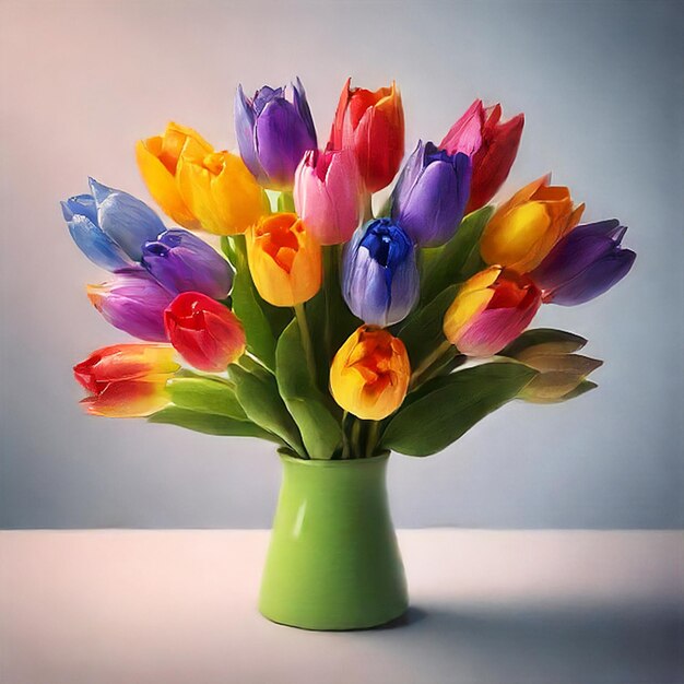 Carte photo avec un bouquet de tulipes colorées et de l'espace libre Jour de la femme