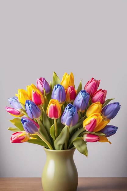 Carte photo avec un bouquet de tulipes colorées et de l'espace libre Jour de la femme