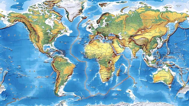 Une carte physique du monde incroyablement détaillée avec les noms des pays