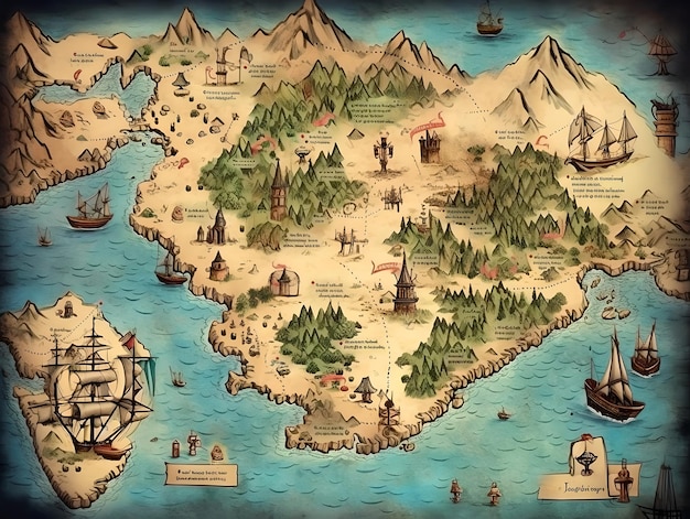 Carte pirate avec des îles de navires pirates et des signes nautiques dessinant une ancienne carte au trésor pour une aventure fantastique épique médiévale