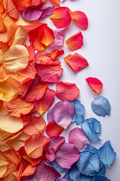 une carte postale 3D avec un arrangement minimal de pétales de fleurs Holi colorées dans un coin