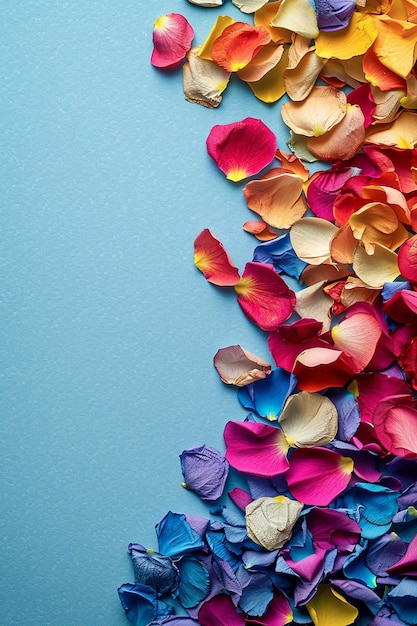 une carte postale 3D avec un arrangement minimal de pétales de fleurs Holi colorées dans un coin