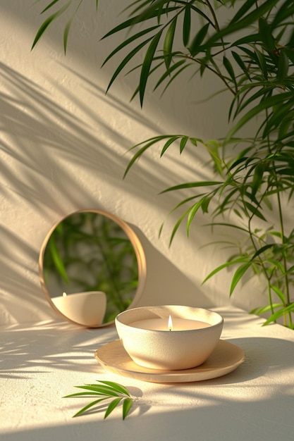 une carte postale 3D avec une bougie et un miroir Nowruz minimalistes