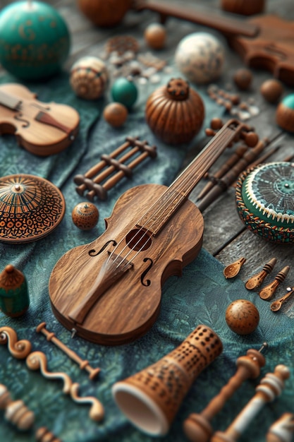 Photo une carte postale 3d mettant en vedette des instruments de musique traditionnels minimalistes utilisés dans les célébrations de nowruz