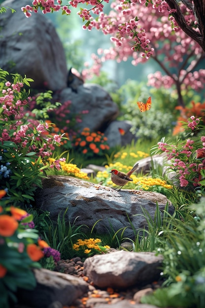 une carte postale 3D montrant une scène de jardin de printemps avec de la faune