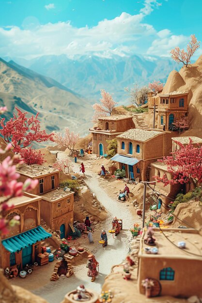 une carte postale 3D représentant la vie du village et les activités traditionnelles pendant Nowruz