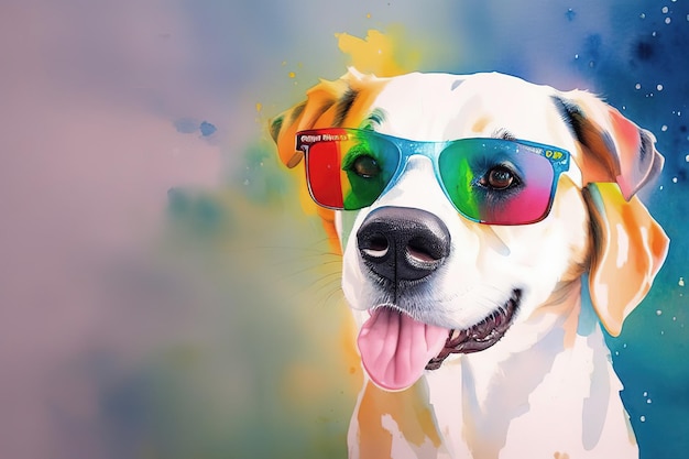 Carte postale aquarelle avec chien de compagnie portant des lunettes de soleil arc-en-ciel Generative AI
