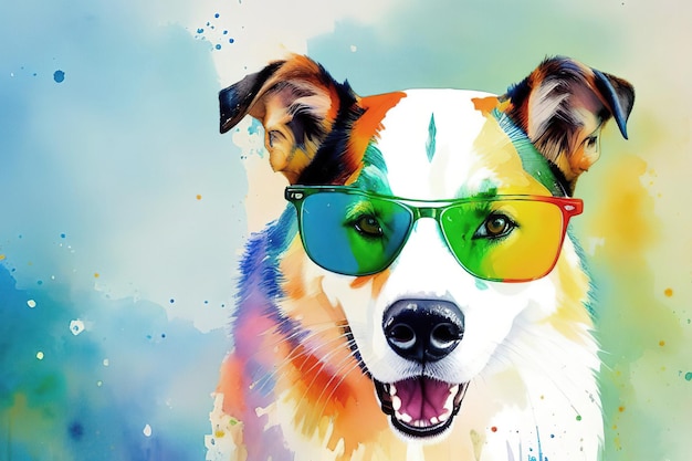 Carte postale aquarelle avec chien de compagnie portant des lunettes de soleil arc-en-ciel Generative AI