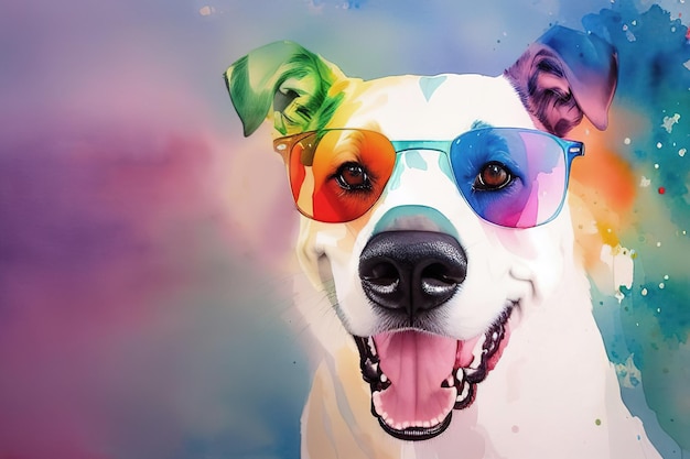 Carte postale aquarelle avec chien de compagnie portant des lunettes de soleil arc-en-ciel Generative AI