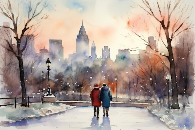 Carte postale à l'aquarelle avec un couple qui se promène dans le parc d'hiver Utilisé pour les affiches de bannières