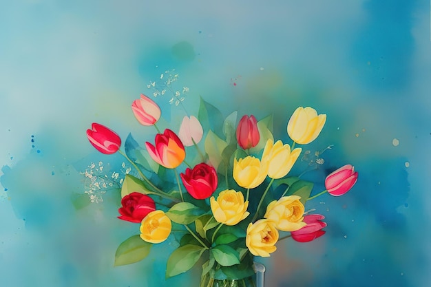 Carte postale aquarelle d'un délicat bouquet de tulipes Generative AI