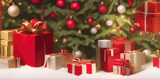 Carte postale avec arbre de Noël d'hiver et cadeaux ou cadeaux