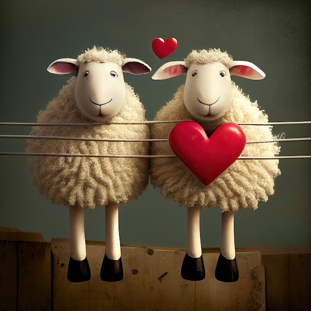 Photo carte postale de deux moutons avec des coeurs rouges pour la saint-valentin generative ai