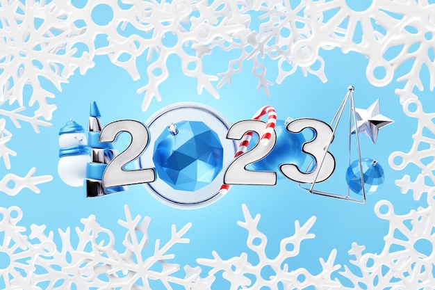 Carte postale d'illustration 3D joyeux Noël et bonne année fond festif avec boîte-cadeau bonhomme de neige décor de flocon de neige boule de Noël