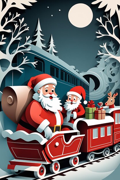 carte postale de Noël du Père Noël et de son ami sur le train de Noël