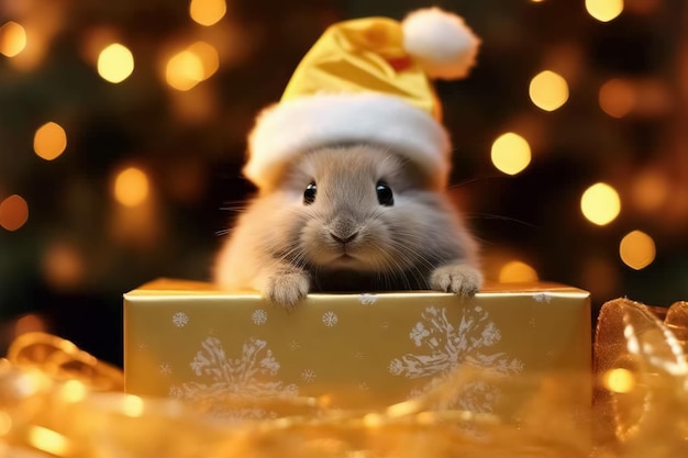 Photo carte postale de noël avec un lapin dans une boîte cadeau generative ai