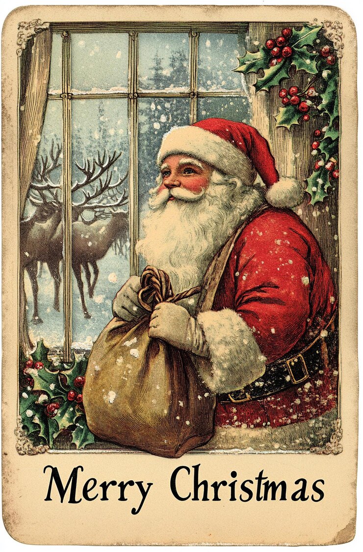 Photo une carte postale de noël vintage avec une illustration du père noël