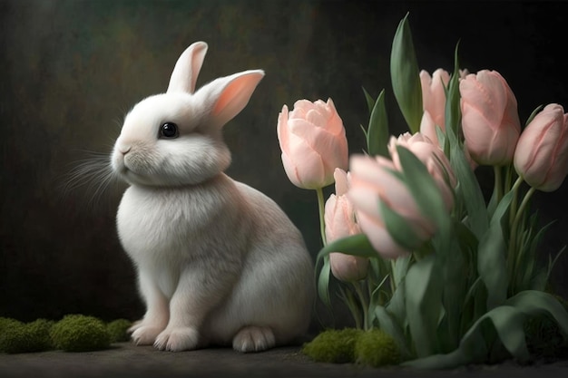 Carte postale de Pâques avec lapin blanc et fleurs printanières