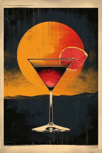 Photo carte postale plate 2d de style néo-brutalisme avec cocktail