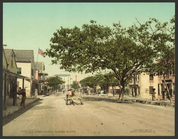 une carte postale d'une scène de rue avec un homme et une charrette tirée par un cheval