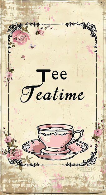 Carte postale victorienne de fête du thé avec une tasse de thé Border Teatime Illustration carte postale vintage décorative