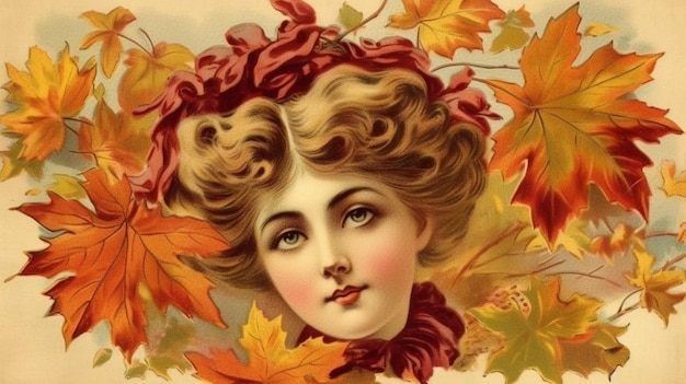 Une carte postale vintage du visage d'une femme avec des feuilles d'automne dessus.