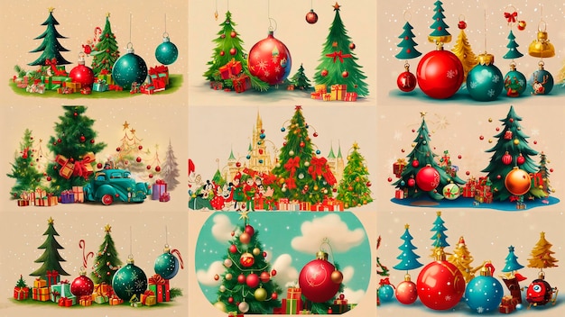 Carte postale vintage joyeux Noël avec un arbre de Noël présente des coffrets cadeaux, des jouets et des décorations