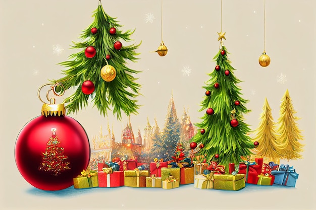 Carte postale vintage joyeux Noël avec un arbre de Noël présente des coffrets cadeaux, des jouets et des décorations