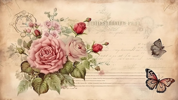 une carte postale vintage avec des roses dessus