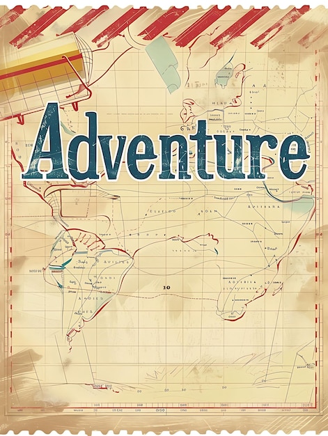 Carte postale de voyage rétro avec une carte Aventure frontalière en gras Illustration carte postale vintage décorative