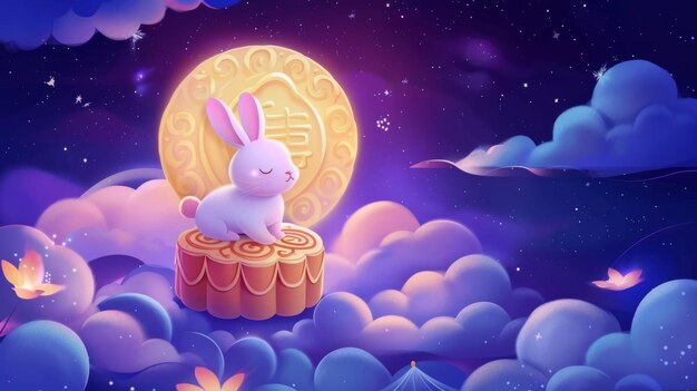 La carte présente un mignon lapin de jade avec un gâteau de lune en couches contre un ciel nocturne bleu foncé et violet le texte dit Mid Autumn August 15th