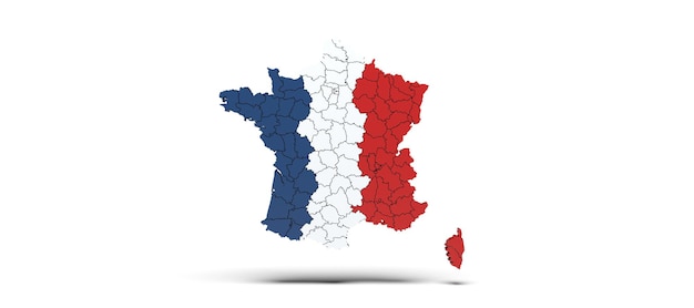 Photo carte des régions françaises avec le rendu 3d du drapeau français sur fond blanc