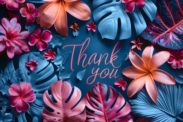 Photo carte de remerciement avec des fleurs tropicales brillantes sur fond bleu concept de gratitude plat