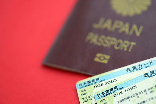 Photo carte de résidence verte du japon avec passeport sur fond rouge en gros plan