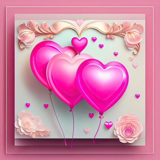 Carte romantique avec ballons coeur rose