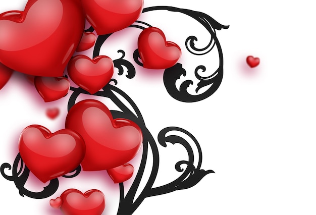 Carte romantique avec coeurs rouges et ornement floral