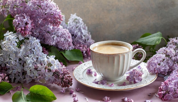 carte romantique florale avec une tasse de café et du lilas