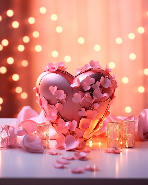 Carte romantique pour la célébration de la fête de la Saint-Valentin Cœur dans des bougies et des fleurs Lumière Bokeh Espace de copie