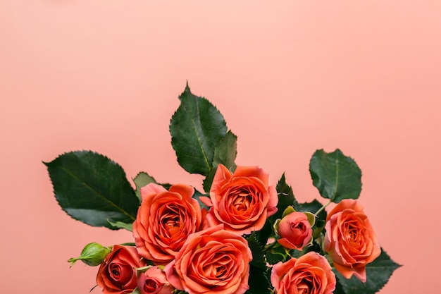 Carte rose avec bouquet de délicates roses corail.
