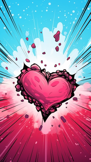 Carte de la Saint-Valentin au cœur rose et bleu dans le style de la bande dessinée