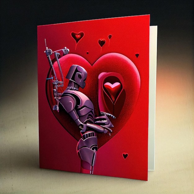 Carte de Saint Valentin romantique rouge sur table illustration numérique robot IA générative tenant coeur rouge ballon rose coeur fond cosmique futuriste dessin de style rétro