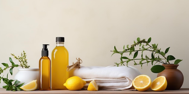 Photo carte de soins capillaires avec bouteille de shampooing savons biologiques huiles citron et accessoires pour les cheveux sur fond blanc avec espace de copie mock-up de produits de beauté naturels pour les cheveux