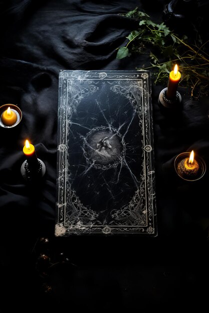 Une carte de tarot mystérieuse étalée sur un fond sombre avec un espace vide pour le texte