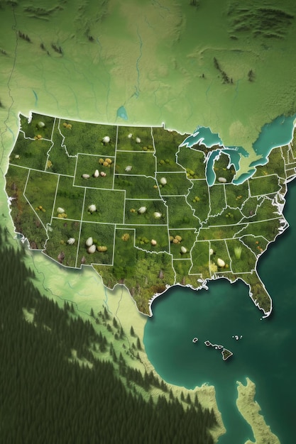 Carte des États-Unis avec des parcs nationaux marqués par des épingles vertes créées avec l'AI générative