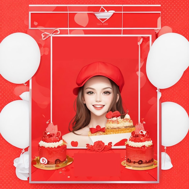 carte de thème rouge de célébration de joyeux anniversaire avec cadre photo et casquette