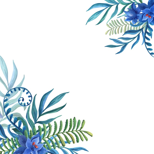 Carte tropicale aquarelle avec fleur bleue et fougère de feuilles vertes sur fond blanc