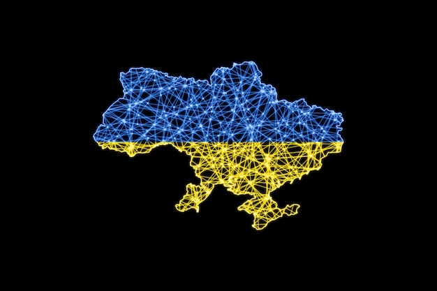 Photo carte de l'ukraine, carte de la ligne de maillage polygonale, carte du drapeau