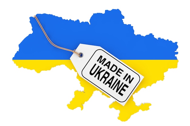 Photo carte de l'ukraine avec drapeau et étiquette de vente made in ukraine sur fond blanc. rendu 3d